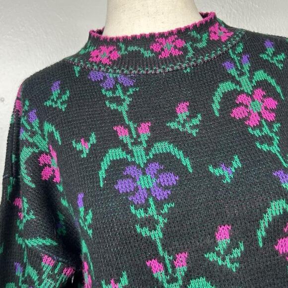 Vintage Justin Allen Floral Knit Sweater Size M Mock Neck Cottage Boho Eclectic - Picture 2 of 7